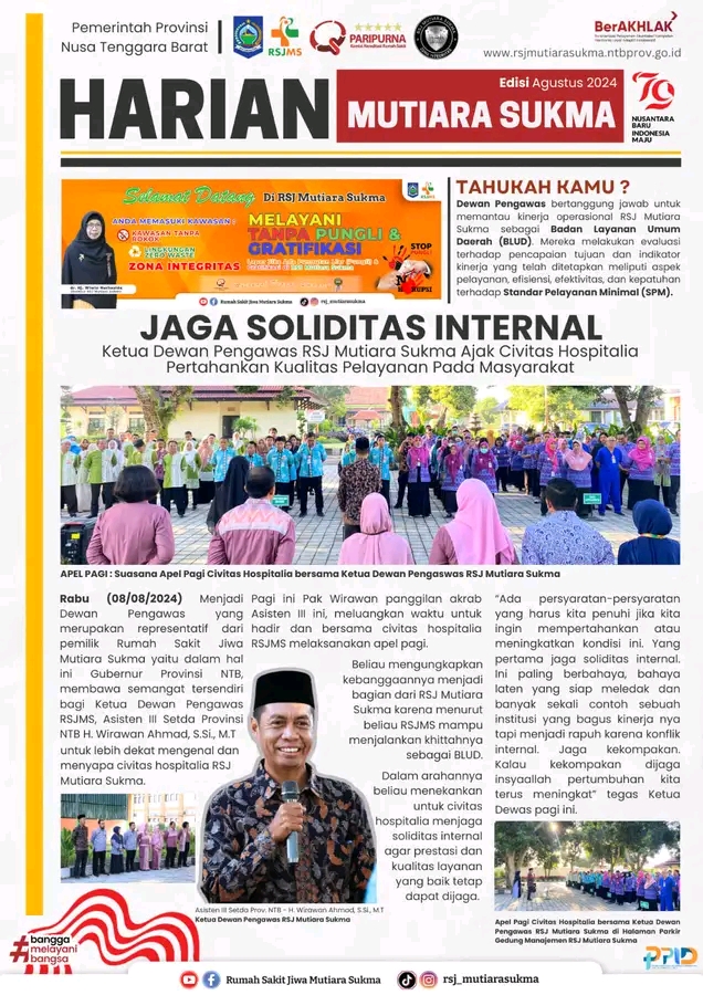 JAGA SOLIDITAS INTERNAL : KETUA DEWAN PENGAWAS RSJ MUTIARA SUKMA AJAK CIVITAS HOSPITALIA PERTAHANKAN KUALITAS PELAYANAN PADA MASYARAKAT